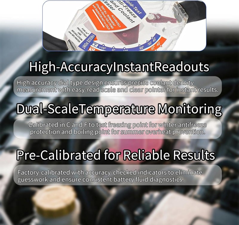 JUSTHERE Coolant Tester Accessory, Antifreeze Tester for Understanding The State of Coolant, Battery Hydrometer for Testing Hot or Cold Batteries on 6V/12V/24V Systems - Image 2